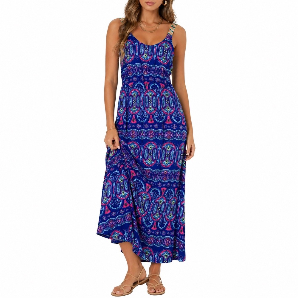 Women's Blue Pink‎ Paisley Boho Maxi Dress Small Sleeveless Slit Rayon Festival